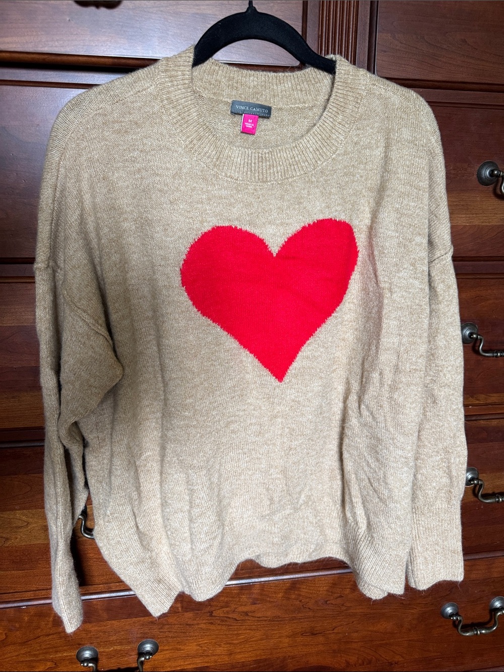 Vince Camuto Tan Crewneck Sweater with Red Heart Motif Size medium